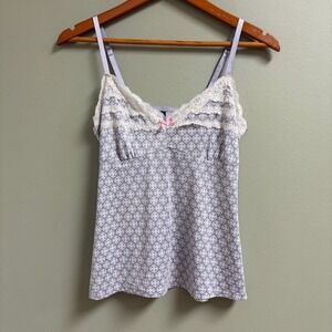 Laura Ashley Women Y2K Babydoll Tank Top Lace Trim Size *M Bow Coquette Feminine
